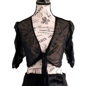 Black Sheer Tie-Front Top With Puffed Ruched Sleeves